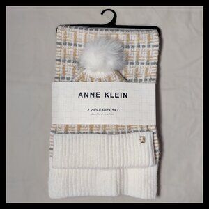 NWT Anne Klein Knit Winter Hat & Scarf 2 Piece Gift Set - Ivory/Tan/Gray/Gold
